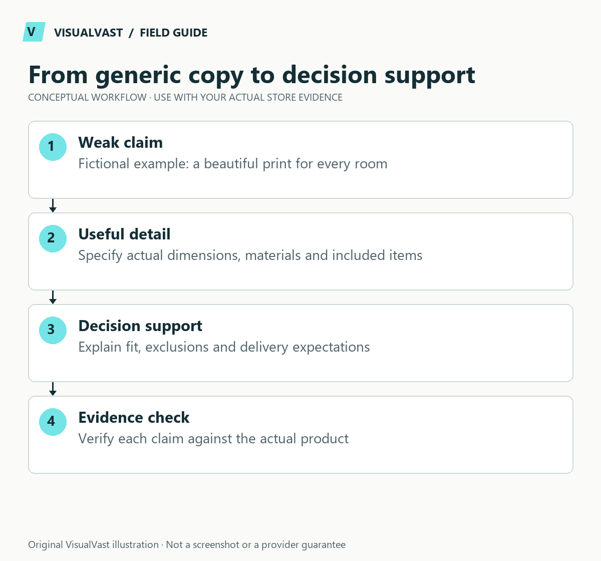 From generic copy to decision support. Weak claim: Fictional example: a beautiful print for every room. Useful detail: Specify actual dimensions, materials and included items. Decision support: Explain fit, exclusions and delivery expectations. Evidence check: Verify each claim against the actual product.