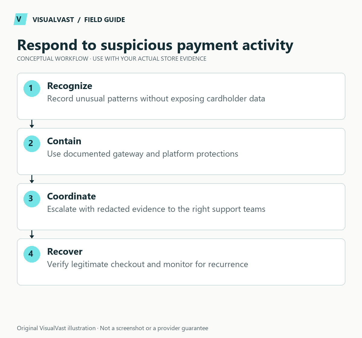 Respond to suspicious payment activity. Recognize: Record unusual patterns without exposing cardholder data. Contain: Use documented gateway and platform protections. Coordinate: Escalate with redacted evidence to the right support teams. Recover: Verify legitimate checkout and monitor for recurrence.