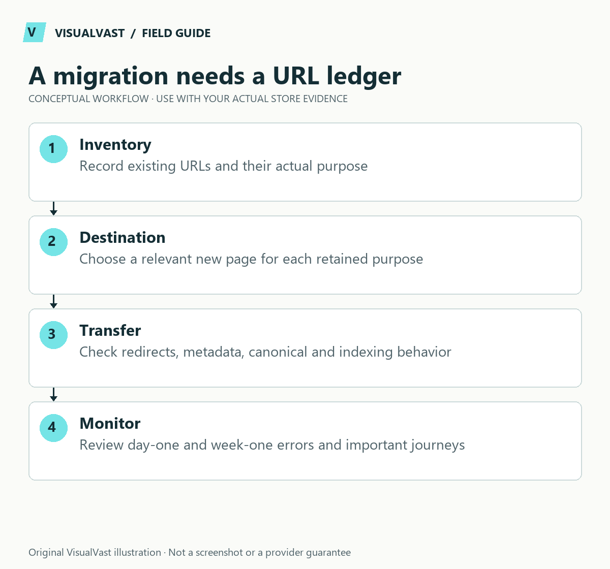 A migration needs a URL ledger. Inventory: Record existing URLs and their actual purpose. Destination: Choose a relevant new page for each retained purpose. Transfer: Check redirects, metadata, canonical and indexing behavior. Monitor: Review day-one and week-one errors and important journeys.