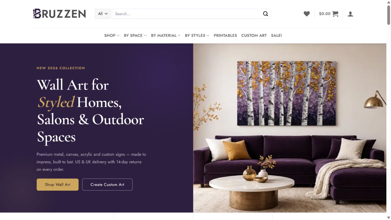 Bruzzen wall art storefront with product navigation and a styled living-room hero image