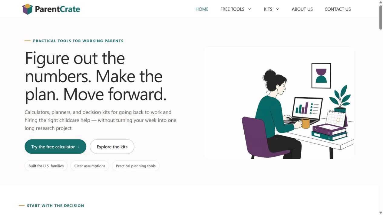 ParentCrate homepage introducing free childcare calculators and digital planning kits for working parents