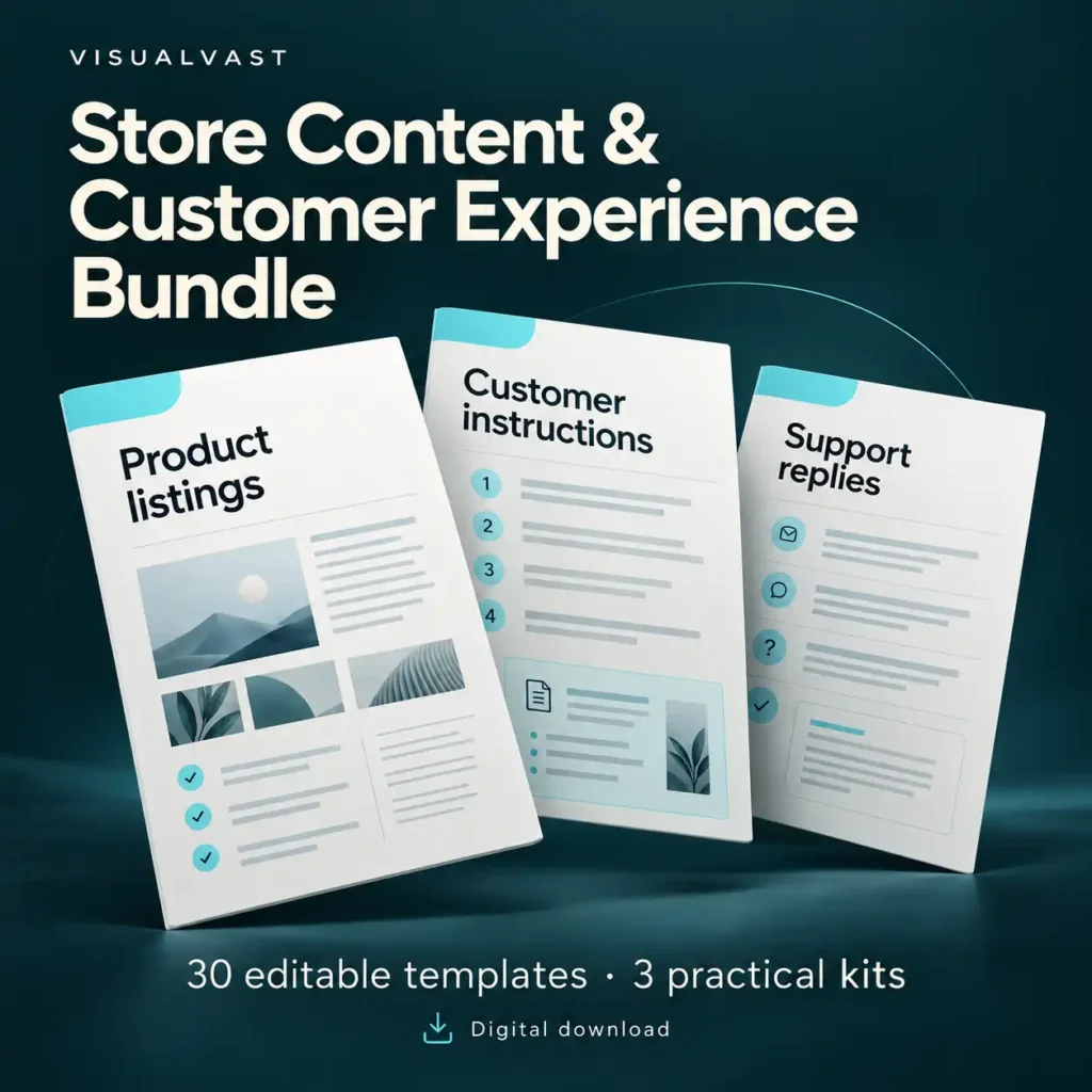 VisualVast Store Content and Customer Experience Bundle with 30 editable templates across three kits.